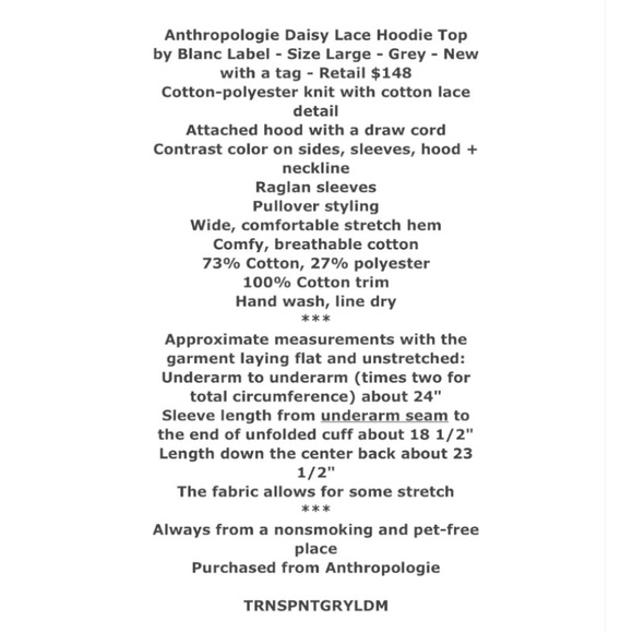 $148 Anthropologie Daisy Lace Top Large 10 12 Sweatshirt Hoodie Unique Hoody NWT - Picture 2 of 16